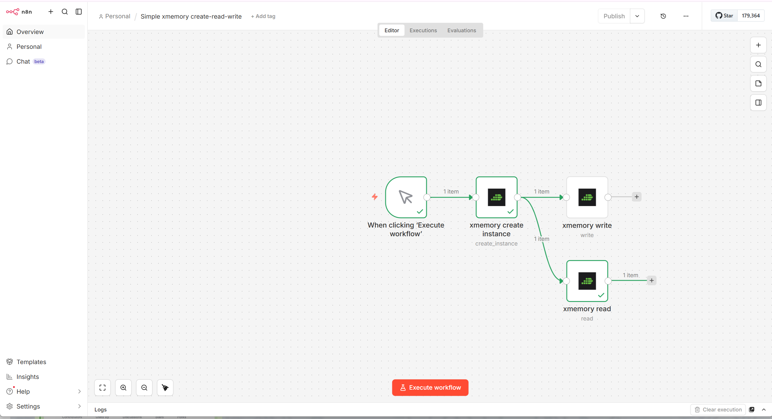 Full n8n workflow execution with xmemory node