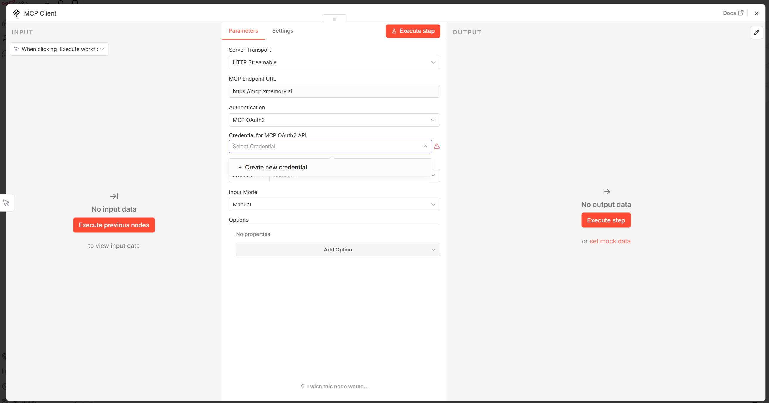 n8n MCP credentials with xmemory server address and OAuth2 auth