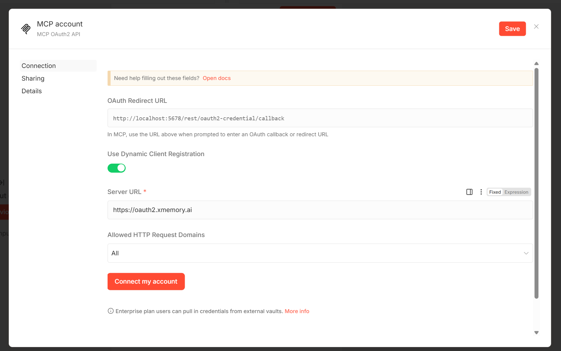 n8n OAuth2 credential showing xmemory server address